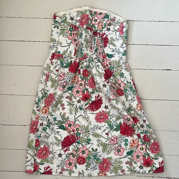 Old Navy Women's Sz 6 Strapless Floral A-Line Stretch Dress Pink White Red Green - Picture 2 of 8